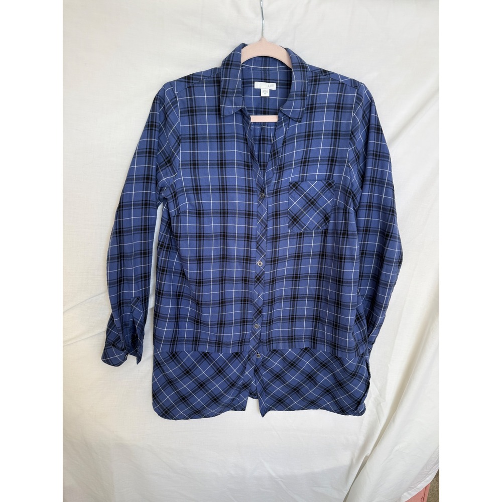 J. Jill Womens Blue Black Plaid Mixed Media Button Down Tunic Shirt XS